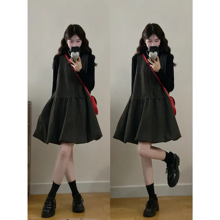 韩版宽松甜美减龄显瘦百搭秋冬新款毛呢背心裙打底衫两件套女微胖