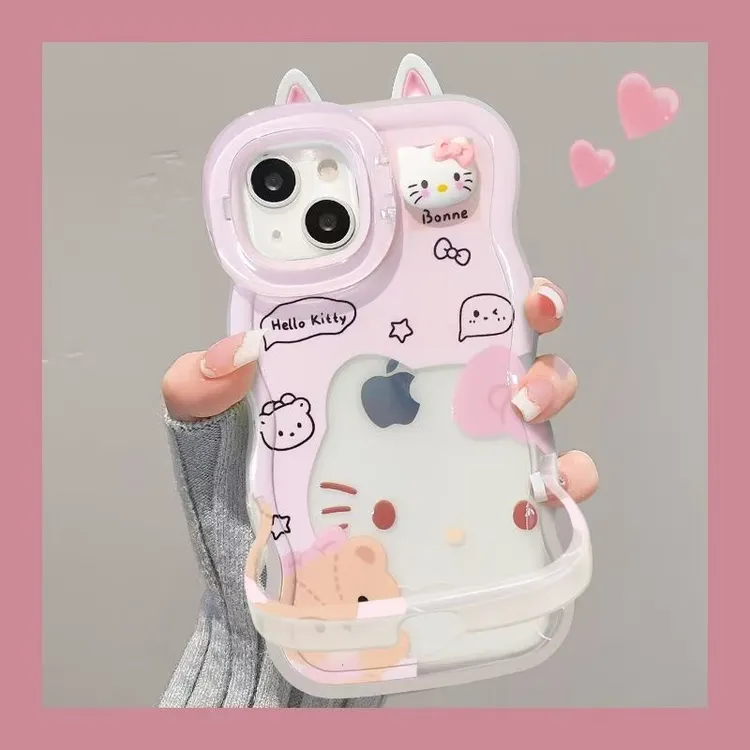 镂空kt猫公仔双支架适用iPhone17promax手机壳苹果16新款15磨砂14