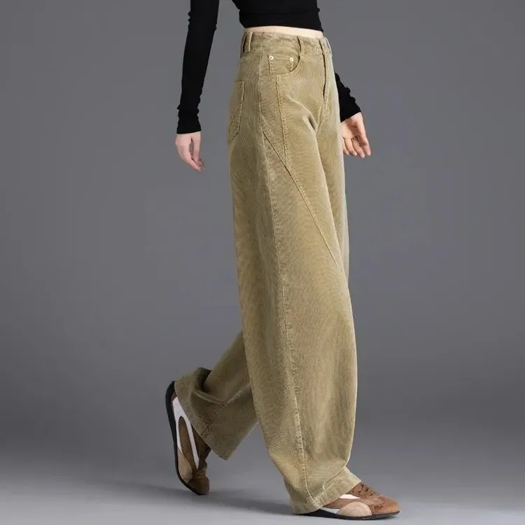 老钱风卡其色裤子灯芯绒休闲裤女秋冬加绒复古条绒裤小个子弯刀裤