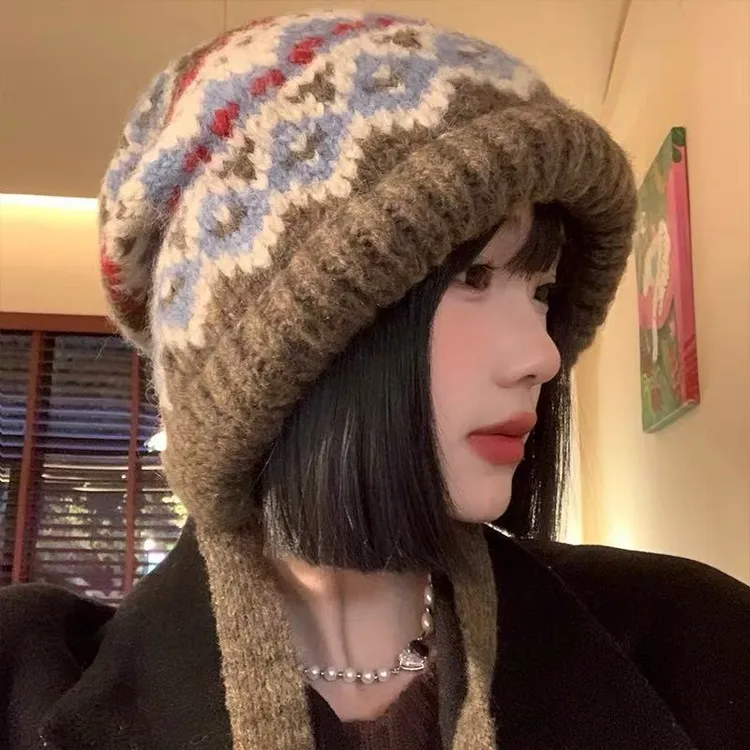 韩版毛绒针织帽显脸小帽子毛线帽保暖护耳帽可斜挎帽