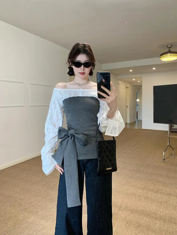 韩版一字肩蕾丝撞色收腰显瘦蝴蝶结针织衫上衣宽松直筒牛仔裤套装