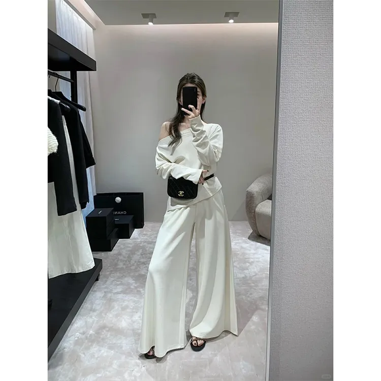 慵懒风露肩长袖上衣女设计感小众高腰气质显瘦阔腿休闲长裤两件套
