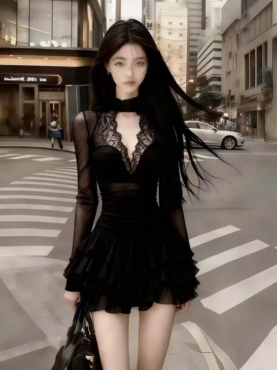 轻奢高级感气质轻熟风黑色蕾丝深V领设计感收腰长袖显瘦连衣裙女