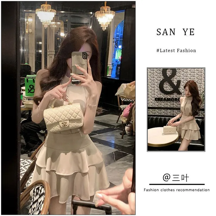 御姐纯欲风挂脖露肩上衣无袖吊带背心蛋糕裙半身裙短裙套装女夏季