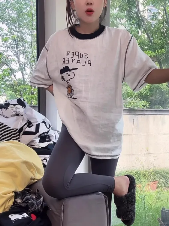 亚麻史努比刺绣短袖T恤女2025夏季新款休闲百搭显瘦中长款上衣潮