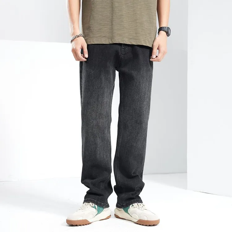 5612秋冬宽松直筒美式高街弹力黑色牛仔长裤