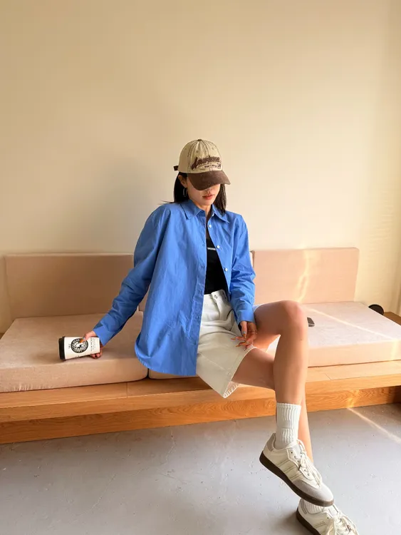 中长款立领翻领女漂白成人衬衫纯色韩版长袖蓝色气质