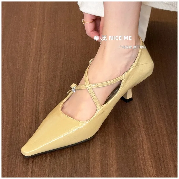 【千金】NICE ME~ 温柔奶黄~尖头交叉带高跟鞋女细跟法式小皮鞋潮