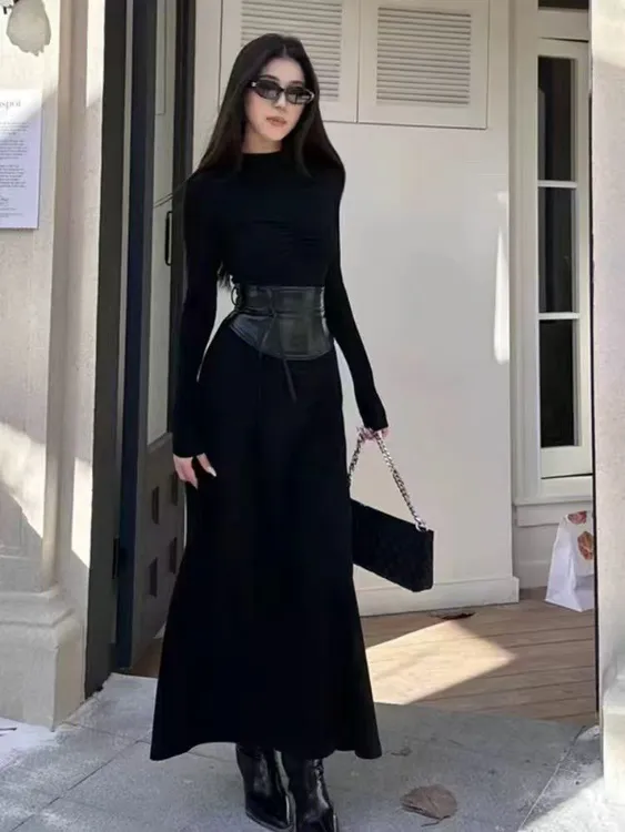 2025韩系设计感法式纯欲修身温柔时尚减龄气质胖mm腰封连衣裙8061