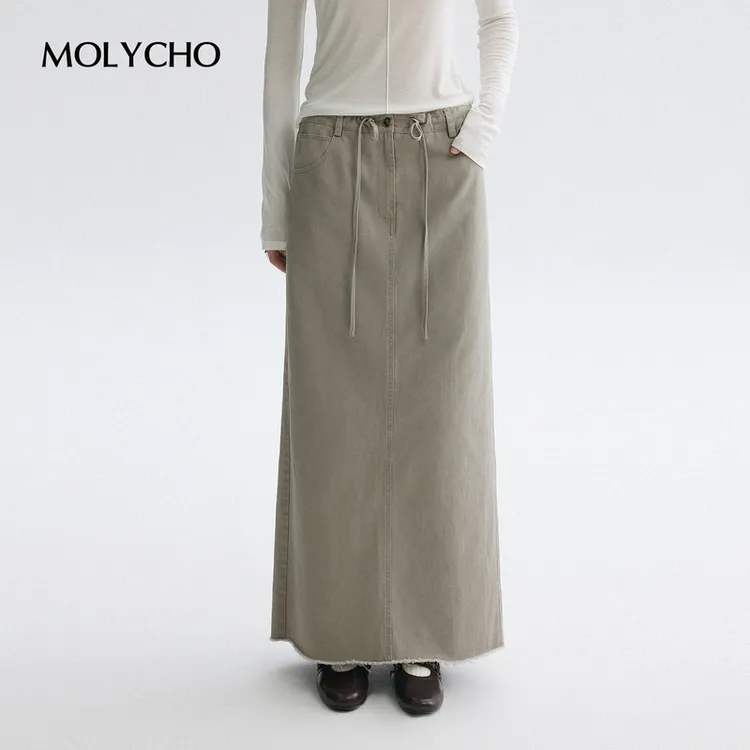 MOLYCHO  |  冷淡风/水洗棉抽绳开叉半身裙/H型遮垮直筒散边长裙