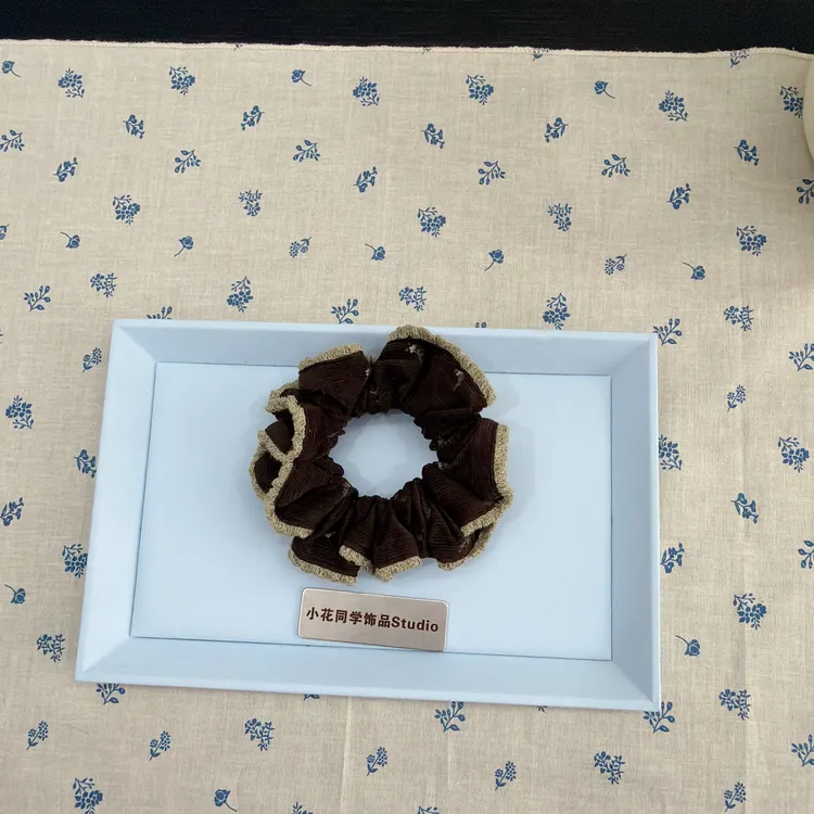 韩国发饰2025新款高级精致咖啡色绿色小碎花灯芯绒发圈发绳头绳
