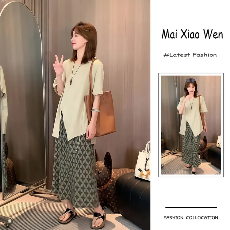 夏季流行穿搭一整套女新款2025时尚慵懒风开叉上衣复古长裙两件套