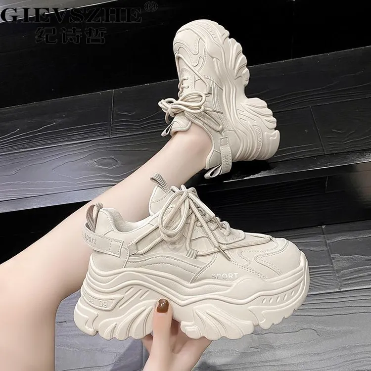 纪诗哲牛皮厚底增高老爹鞋女秋季新款休闲时尚百搭透气运动鞋女款