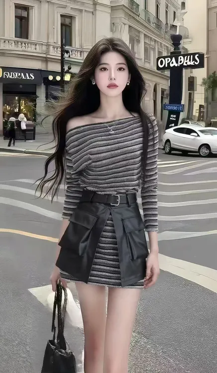 秋季新款高级感条纹斜领长袖修身别致设计感两件套女小众显瘦穿搭