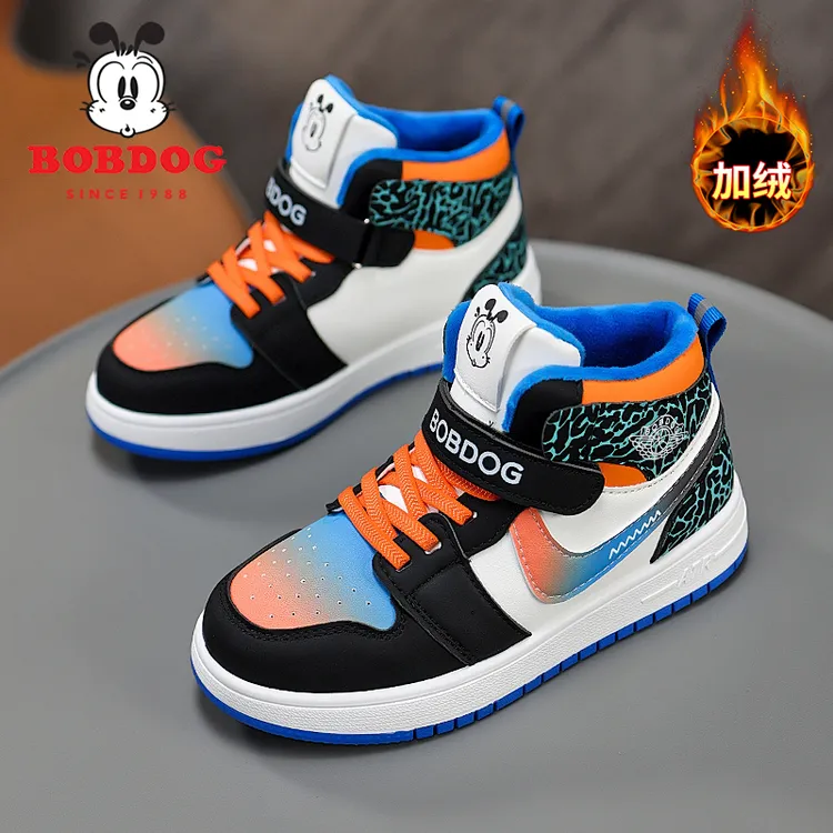 Bobdog/巴布豆儿童冬季高帮加绒保暖棉鞋男童休闲运动板鞋女童鞋
