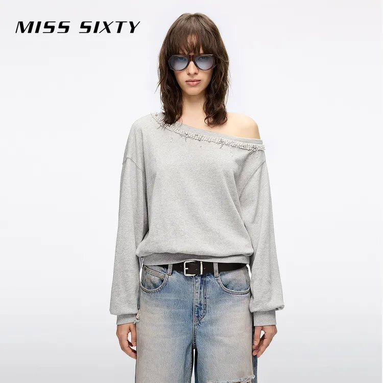 Miss Sixty2025秋季新款套头卫衣女重工钉珠钻饰斜肩宽松短款上衣