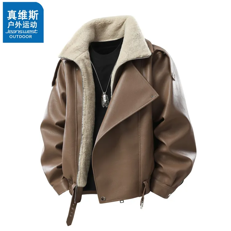 真维斯户外运动2025新款男士休闲皮衣双层领朋克风保暖夹克外套