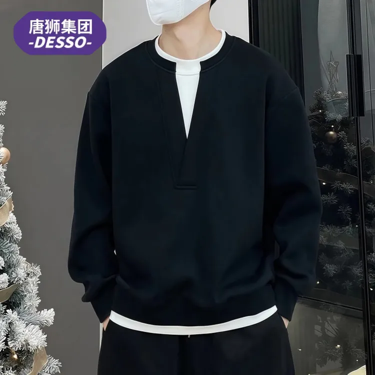 唐狮集团DESSO秋季长袖卫衣男士经典假两件撞色拼接圆领T恤打底衫