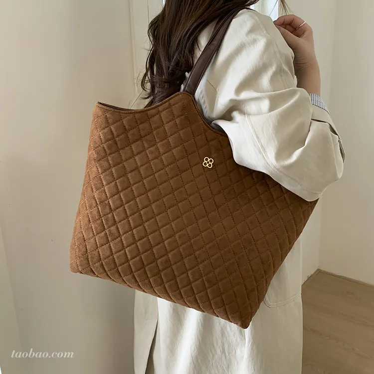 菱格绣线大容量包包女2025秋冬季新款复古麂皮绒单肩包手提托特包