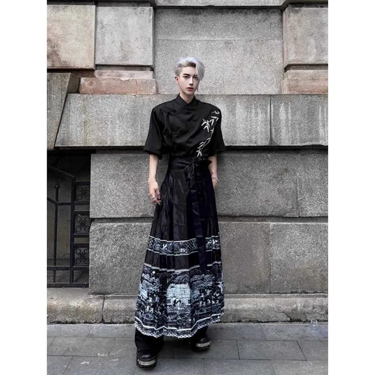 白冰新中式风黑色马面裙男生改良汉服风裙高级感宽松裙裤