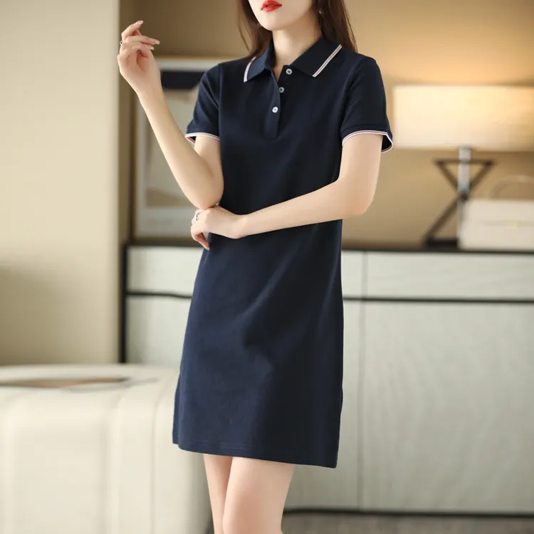 Polo领连衣裙女夏季韩版气质百搭包臀A字裙子中长款纯棉短袖T恤裙