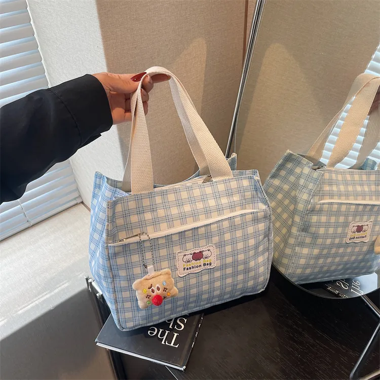 小橙子原创格子帆布包外出简约大容量上班百搭轻便饭盒便当手提包