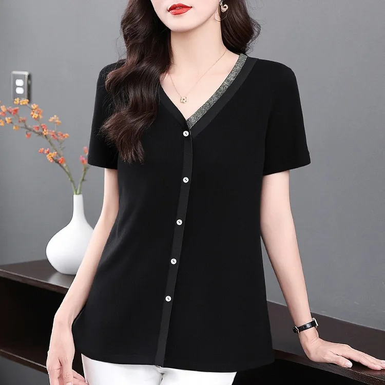 v领短袖t恤女2025年新款高级感上衣大码宽松中长款遮屁股显瘦衣服