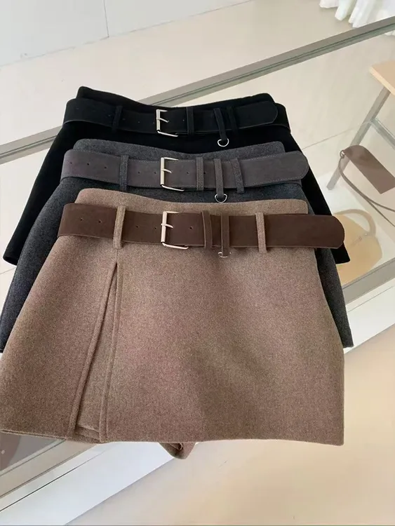 不规则侧开叉毛呢半身裙女秋冬新款高腰显瘦百搭防走光短裤裙
