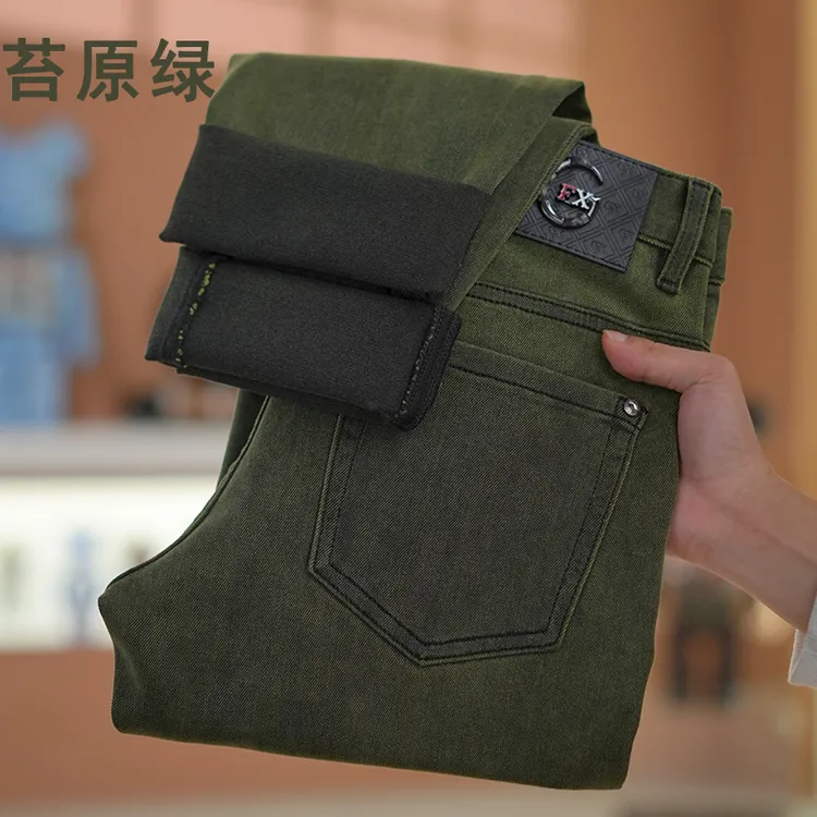 秋冬厚款苔原绿牛仔裤男士2025新款欧货复古洗水修身小直筒裤子男