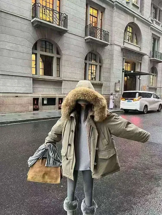 大毛领工装派克服外套女2025冬季新款宽松连帽中长款保暖棉服时尚