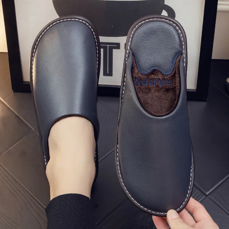 夏莉迩【头层牛皮】真皮棉拖鞋男女冬季家用室内加绒保暖防水皮拖鞋