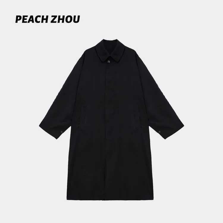 『PEACHZHOU』四缝线排扣宽松翻领中长款外套简约休闲通勤风衣