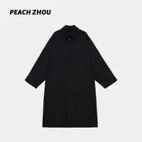 『PEACHZHOU』四缝线排扣宽松翻领中长款外套简约休闲通勤风衣