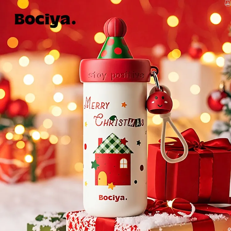 bociya圣诞节保温杯高颜值礼物水杯2025新款儿童新年保暖吸管杯子
