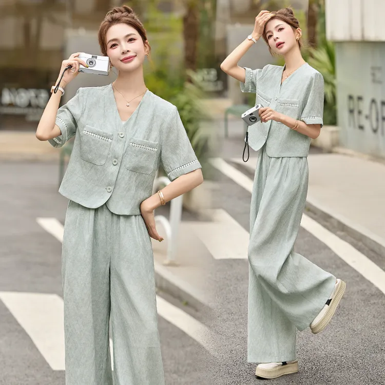 法式小香风时尚套装女2025年夏季新款高级感洋气减龄阔腿裤两件套
