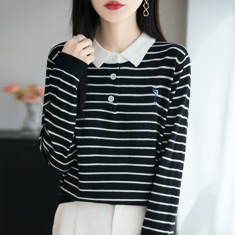 胖mm春秋大码女士娃娃领条纹毛衣遮肚子巨显瘦上衣内搭针织打底衫