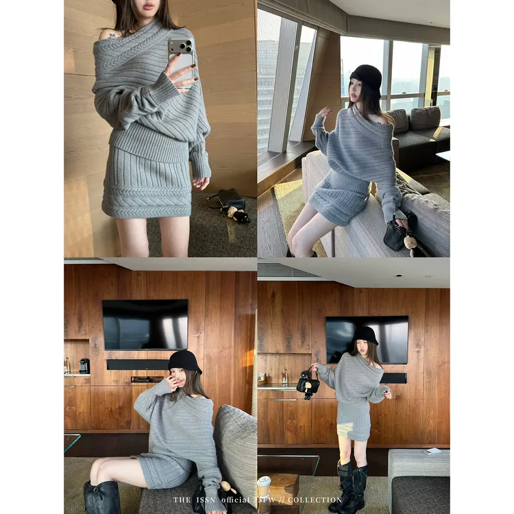 THEISSN宁司 斜肩绞花套头毛衣女冬季弹力半裙套装 01921/01922