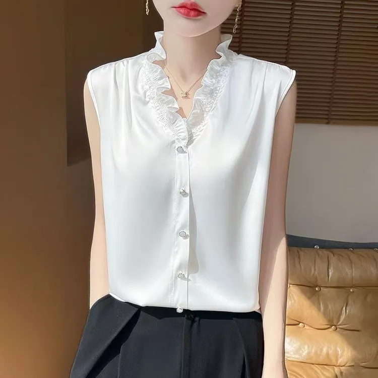 法式V领夏季时尚木耳花边丝滑缎面无袖衬衫气质内搭叠洋气穿背心