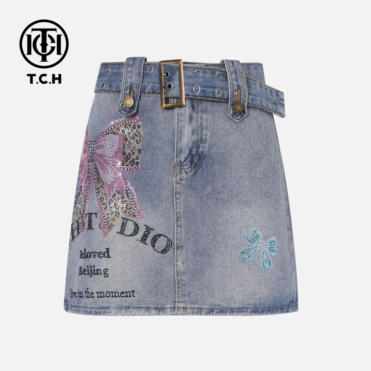 TCH私服烫钻工艺时尚休闲百搭蝴蝶牛仔短裤女T75B22E5037轻奢tch