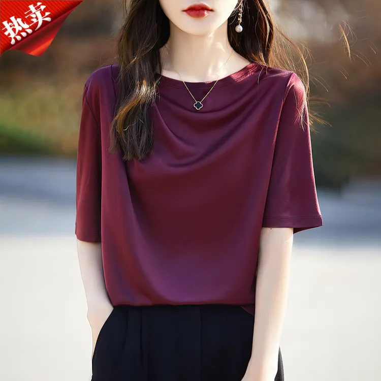 时尚品牌新款一字领褶皱高级垂感短袖上衣醋酸气质T恤女薄款夏