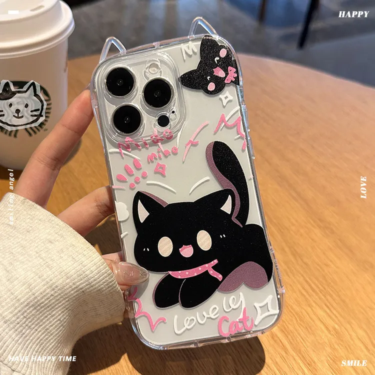 适用iphone16透明全包黑猫咪手机壳苹果13pro可爱小猫手链保护套