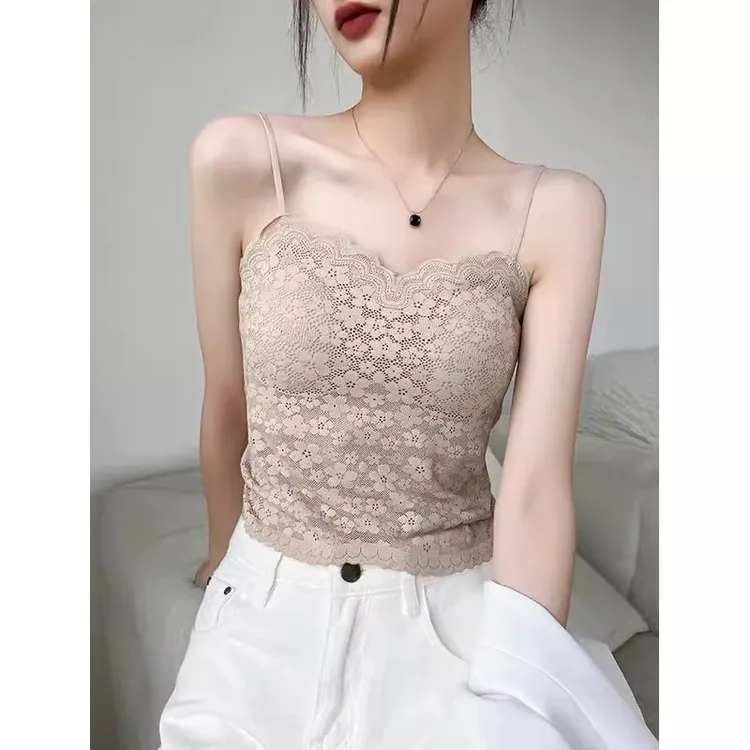 蕾丝吊带背心女2025新款内搭春季杏色带胸垫美背内衣短款打底上衣