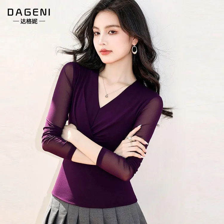 时尚褶皱V领网纱打底衫女长袖2026春季新款T恤小衫高级感内搭上衣