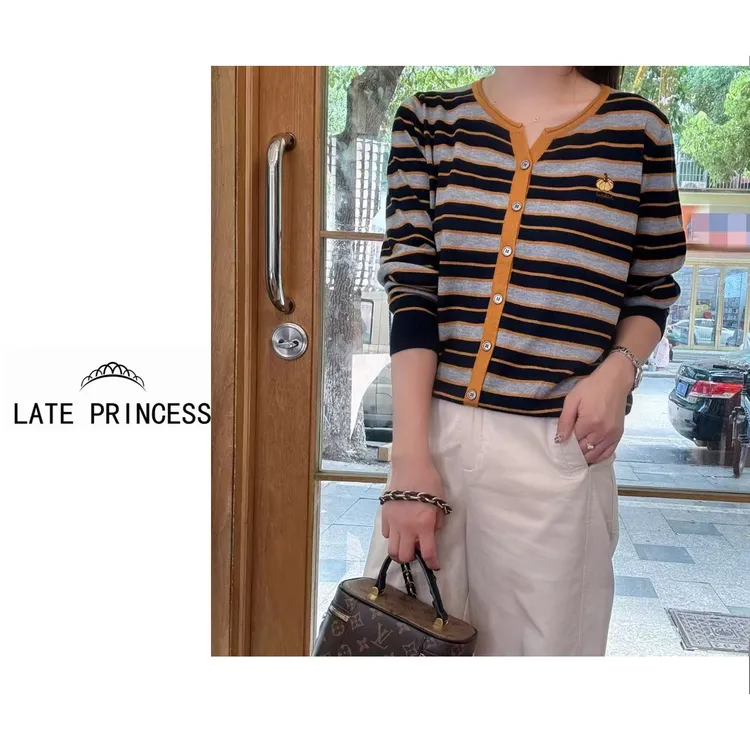 LATE PRINCESS【南瓜】秋装新款极简风条纹针织时尚复古开衫