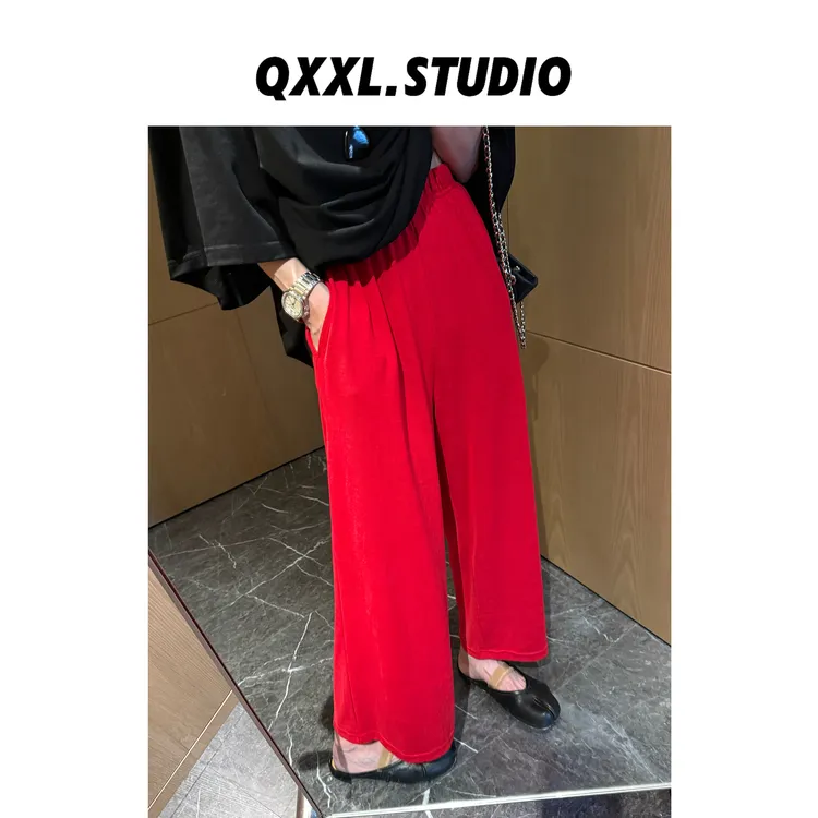 邱小小丽呀 夏季高腰纯色直筒休闲裤百搭显瘦松紧腰韩版阔腿裤女