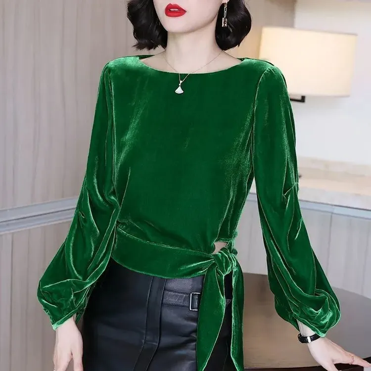 美娅秋季新款灯笼袖金丝绒上衣女设计感小众修身系带复古丝绒T恤