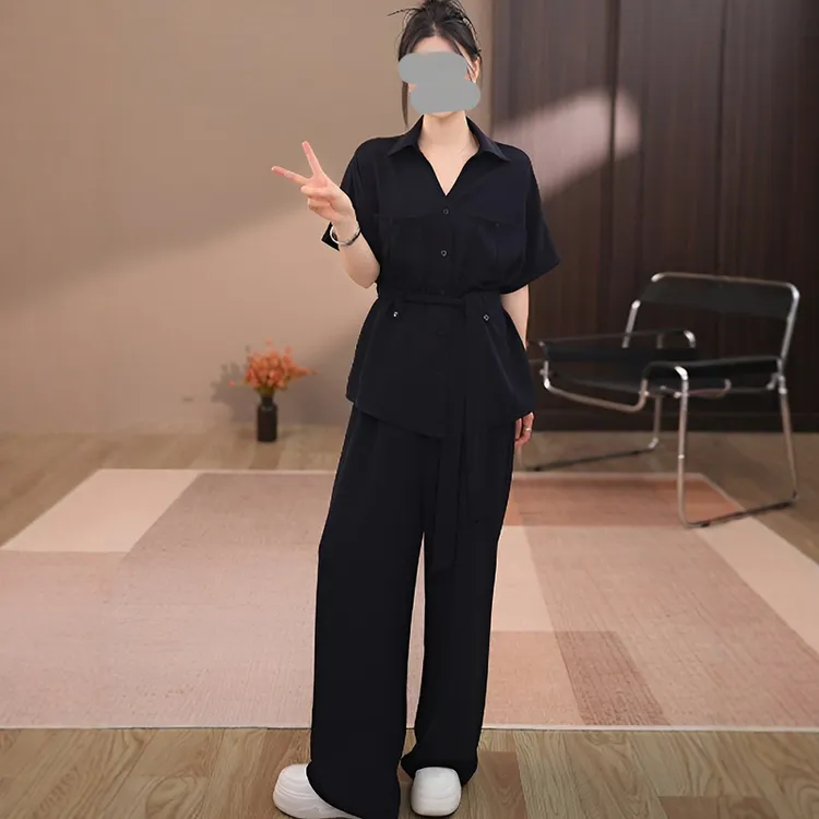 时尚套装女2025夏季洋气收腰系带显瘦短袖衬衫显瘦阔腿裤两件套潮