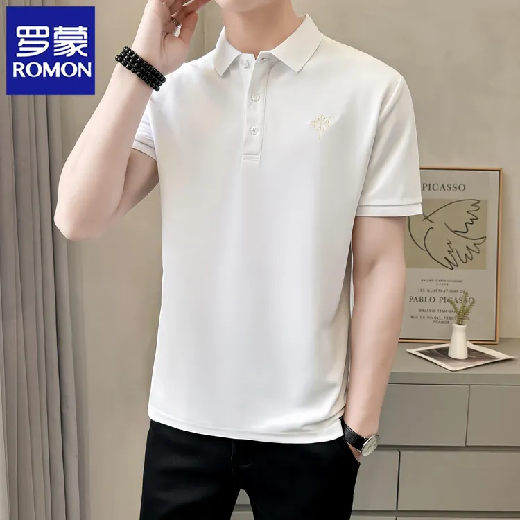 罗蒙新款夏季翻领polo衫男士短袖冰丝痞帅休闲刺绣高级t恤上衣服T