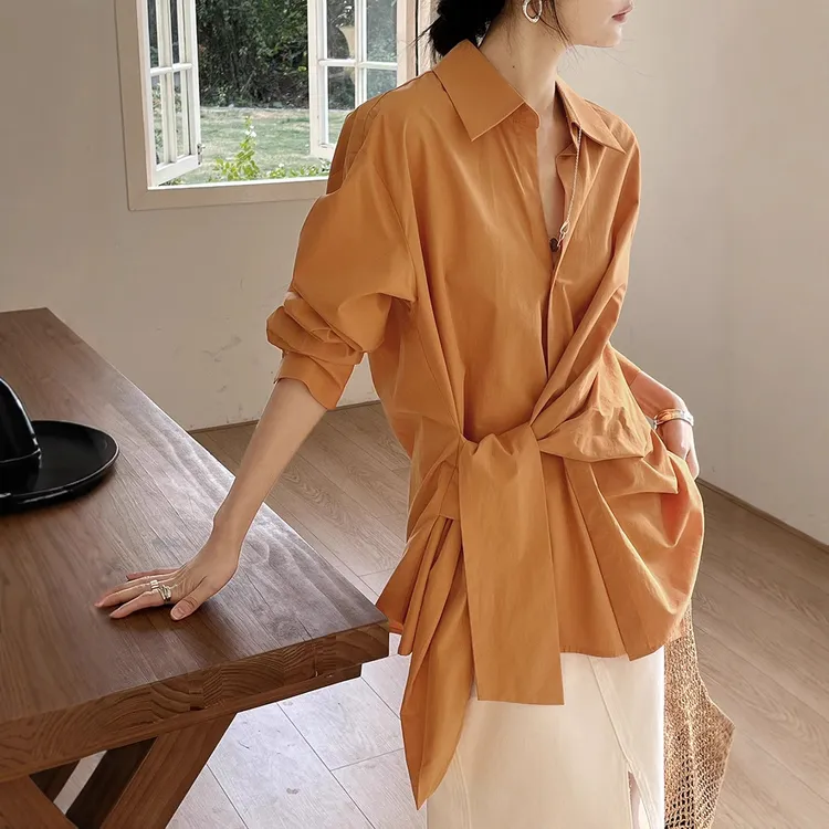 2025春季新款法式慵懒腰间绑结飘带设计韩版时尚衬衫女