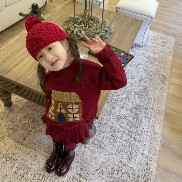小思家2025冬季新款韩版可爱卡通套头毛衣针织短裙女童休闲套装